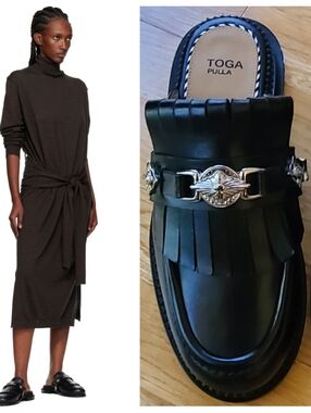 Toga Pulla Black Hard Leather Slip-on Loafers Mules US 8 Preppy Coastal Grandma